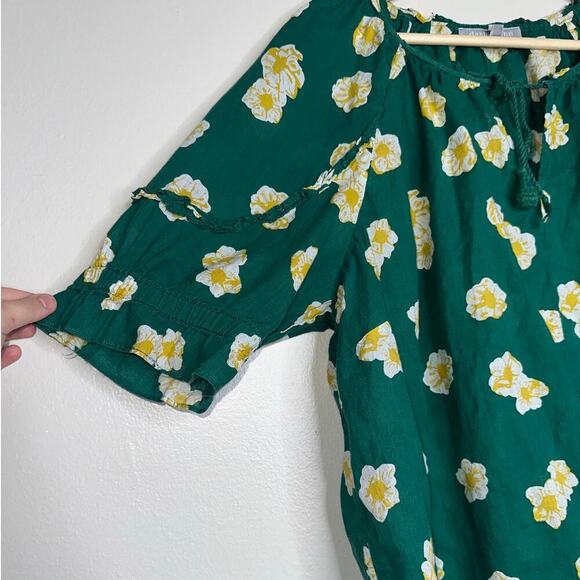 Daniel Rainn Plus 2X Green Floral Ruffle Blouse Linen Cotton Peasant Top - Picture 4 of 7